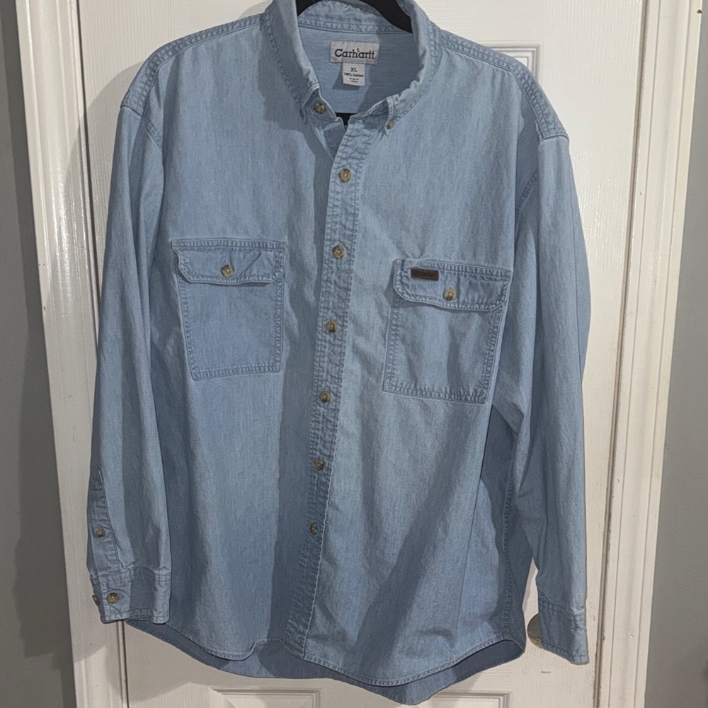 Vintage Carhartt Men's Light Blue Button Down Shirt